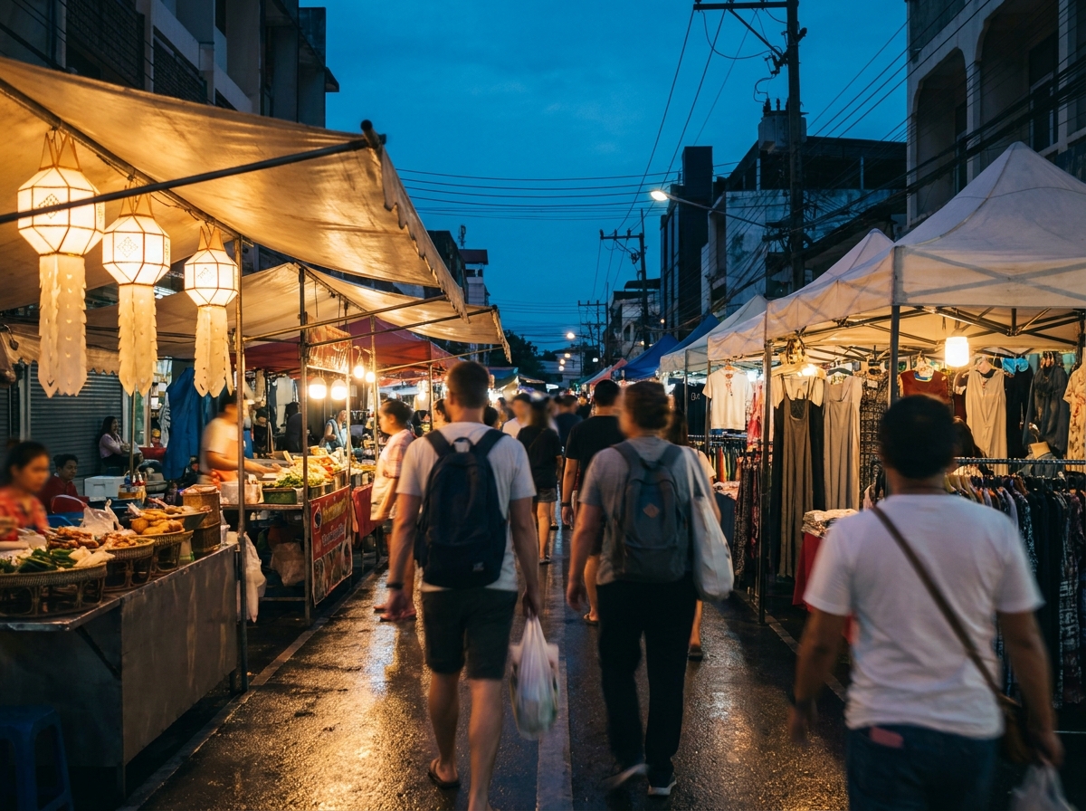 Rue du night bazaar de Chang Klan éclairée par les lanternes à l'heure bleue