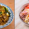 Deux bols de nouilles japonaises : yakisoba sautées à gauche, hiyashi chūka coloré et garni de légumes à droite.
