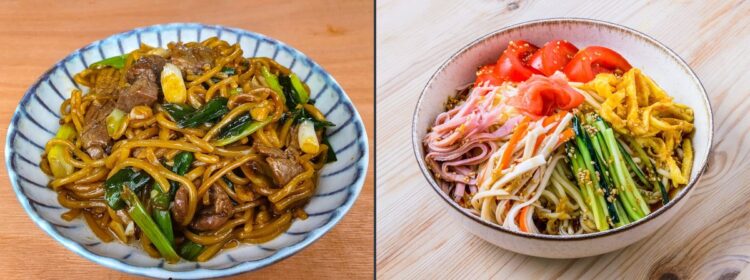 Deux bols de nouilles japonaises : yakisoba sautées à gauche, hiyashi chūka coloré et garni de légumes à droite.