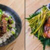 Deux plats asiatiques : bœuf caramélisé sur riz et porc grillé épicé avec légumes et sauce.