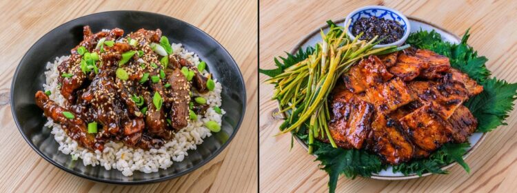 Deux plats asiatiques : bœuf caramélisé sur riz et porc grillé épicé avec légumes et sauce.