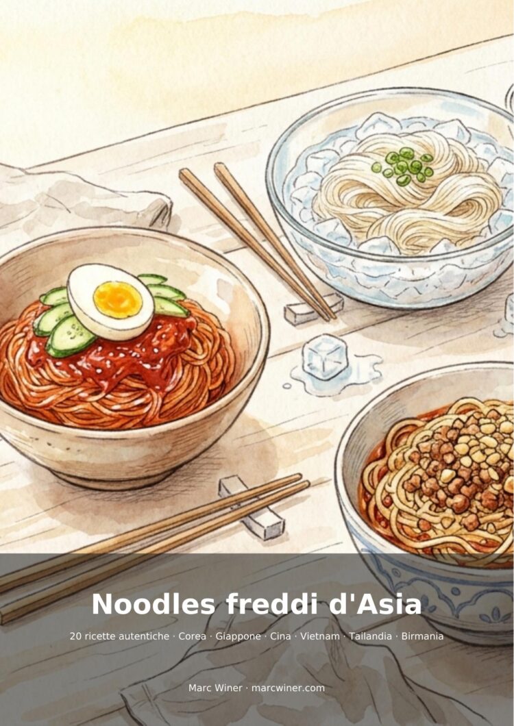 Couverture du livre « Noodles freddi d’Asia » avec trois bols illustrés de nouilles froides.