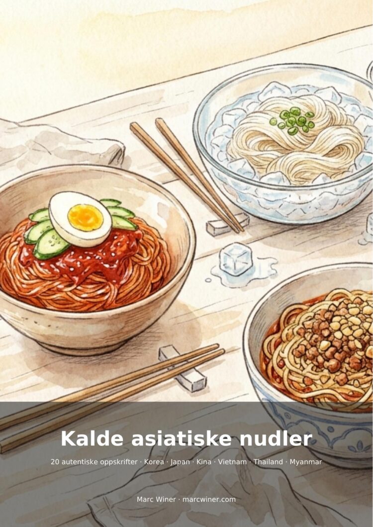 Couverture illustrée d’un livre de recettes « Kalde asiatiske nudler » avec trois bols de nouilles froides.