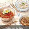 Couverture de livre illustrée présentant trois bols de nouilles froides asiatiques avec baguettes.
