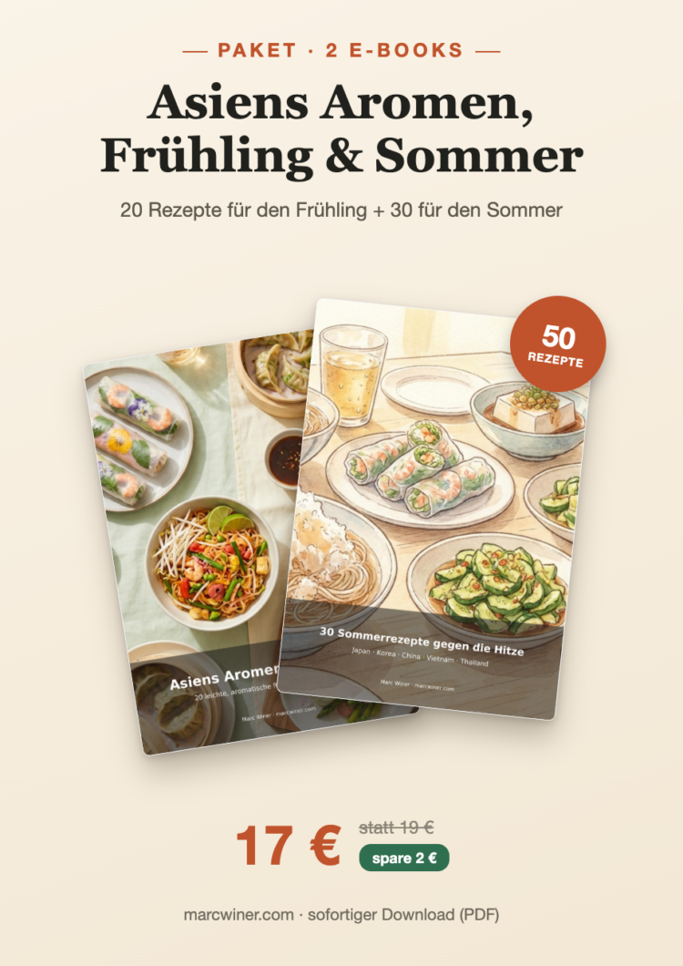 Pack de 2 e-books “Asiens Aromen, Frühling & Sommer” : 50 recettes asiatiques, téléchargement PDF à 17 €.
