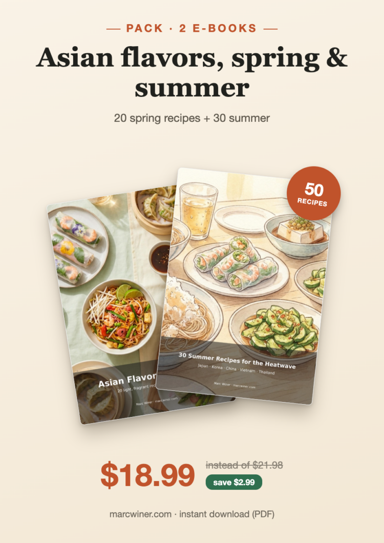 Pack de 2 e-books “Asian flavors, spring & summer” : 50 recettes asiatiques pour 18,99 $ en PDF.