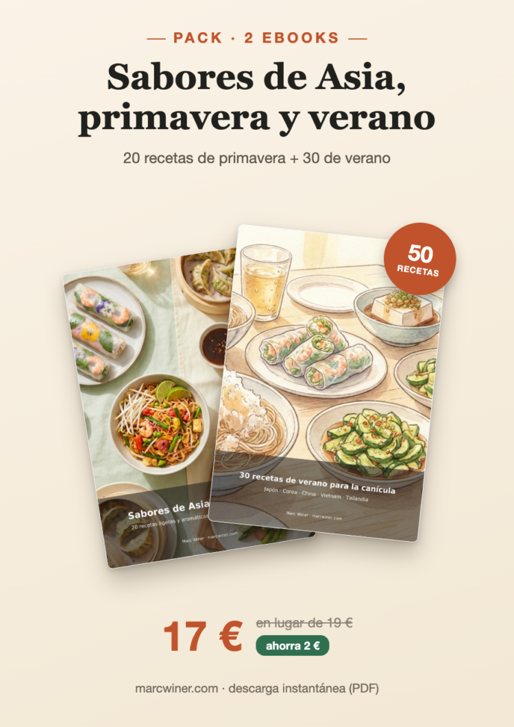 Pack de 2 ebooks “Sabores de Asia”: 50 recettes printemps‑été, téléchargement PDF à 17 €.