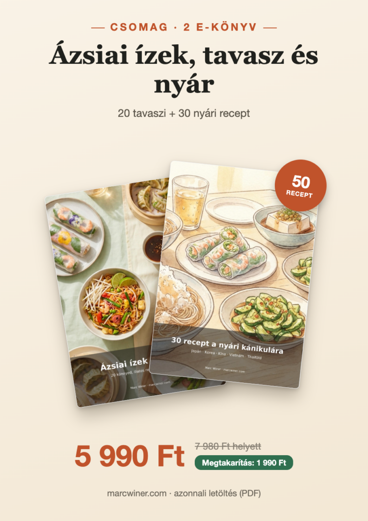 Pack de 2 e-books de recettes asiatiques printemps-été, 50 recettes, promo à 5 990 Ft en téléchargement PDF.