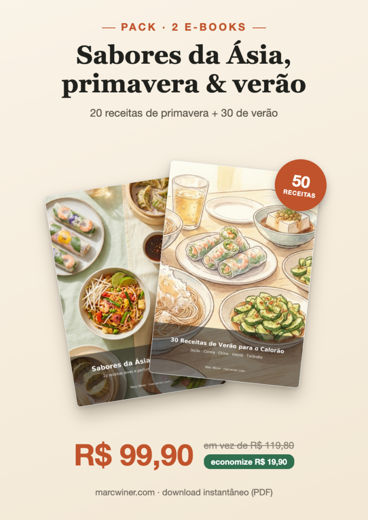 Pack de 2 e-books “Sabores da Ásia”: 50 recettes printemps-été, promo à 99,90 R$ en PDF.