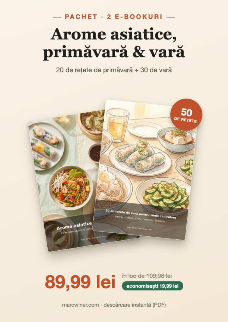 Visuel promo pour le pack de 2 e-books “Arome asiatice, primăvară & vară”, 50 recettes, prix 89,99 lei.