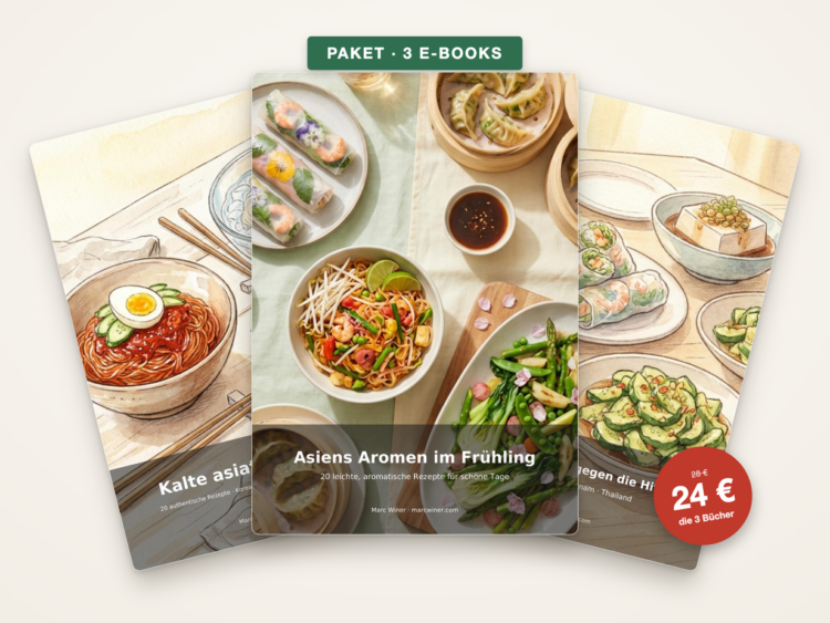 Pack de 3 e-books de recettes asiatiques de printemps, promotion à 24 € pour les trois livres.