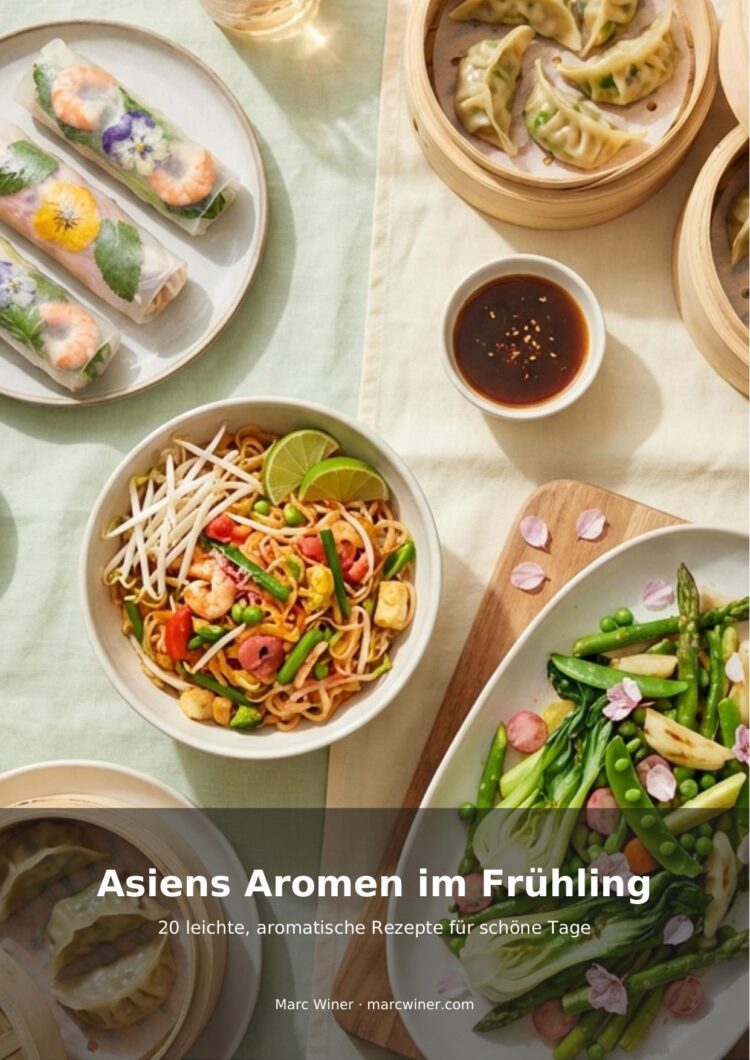 Couverture de livre de recettes asiatiques printanières avec rouleaux, nouilles, raviolis vapeur et légumes verts.