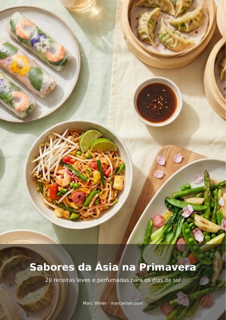Couverture de livre de recettes “Sabores da Ásia na Primavera” avec plats asiatiques colorés.