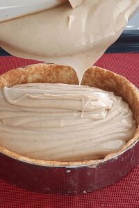 Entremets sans gluten vegan - Enfonce l’insert congelé, côté compotée de myrtilles vers le bas. Assure-toi que l’insert ne touche pas le fond du moule en silicone.