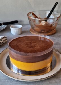 Gâteau à la courge sans gluten à 3 couches - Couche de mousse café-chocolat: pose l’autre disque de génoise au centre, sur le dessus de la crème à la citrouille, puis imbibe-le de sirop de café. Verse la mousse café-chocolat par-dessus. La mousse doit être légèrement tiède et coulante pour couvrir l’espace étroit entre la génoise et la feuille d’acétate.