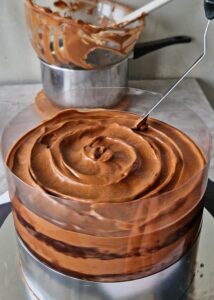Gâteau au chocolat vegan sans gluten à la mangue - La couche supérieure de mousse doit être plus épaisse. Utilise la pointe de la spatule pour faire un mouvement en spirale du centre vers les bords afin de créer un effet spiralé sur le dessus.