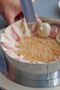 Gâteau aux fraises sans gluten - Presse les crèmes mousselines pochées contre le cercle, puis fais-les glisser vers le haut pour couvrir tout le cercle.