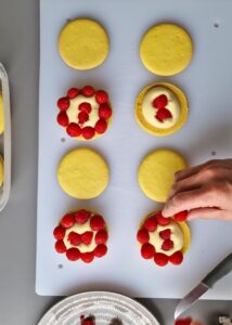 Gâteau macaron mangue framboise (sans gluten) - Dispose une couche de framboises fraîches tout autour du bord de la coque.