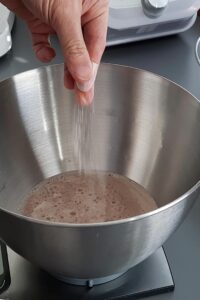 Meringue vegan aux protéines de pomme de terre (sans gluten) - Mélange la solution froide de protéine de pomme de terre avec une pincée de gomme xanthane dans le bol d’un robot, puis fouette jusqu’à ce que la meringue forme un bec souple.