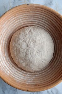 Pain sans gluten sans pétrissage - Transfère la pâte ronde, côté lisse vers le bas, dans un banneton légèrement fariné avec de la farine sans gluten.