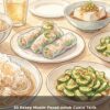 Couverture illustrée d’un livre de recettes d’été asiatiques, avec rouleaux de printemps, tofu et salades fraîches.