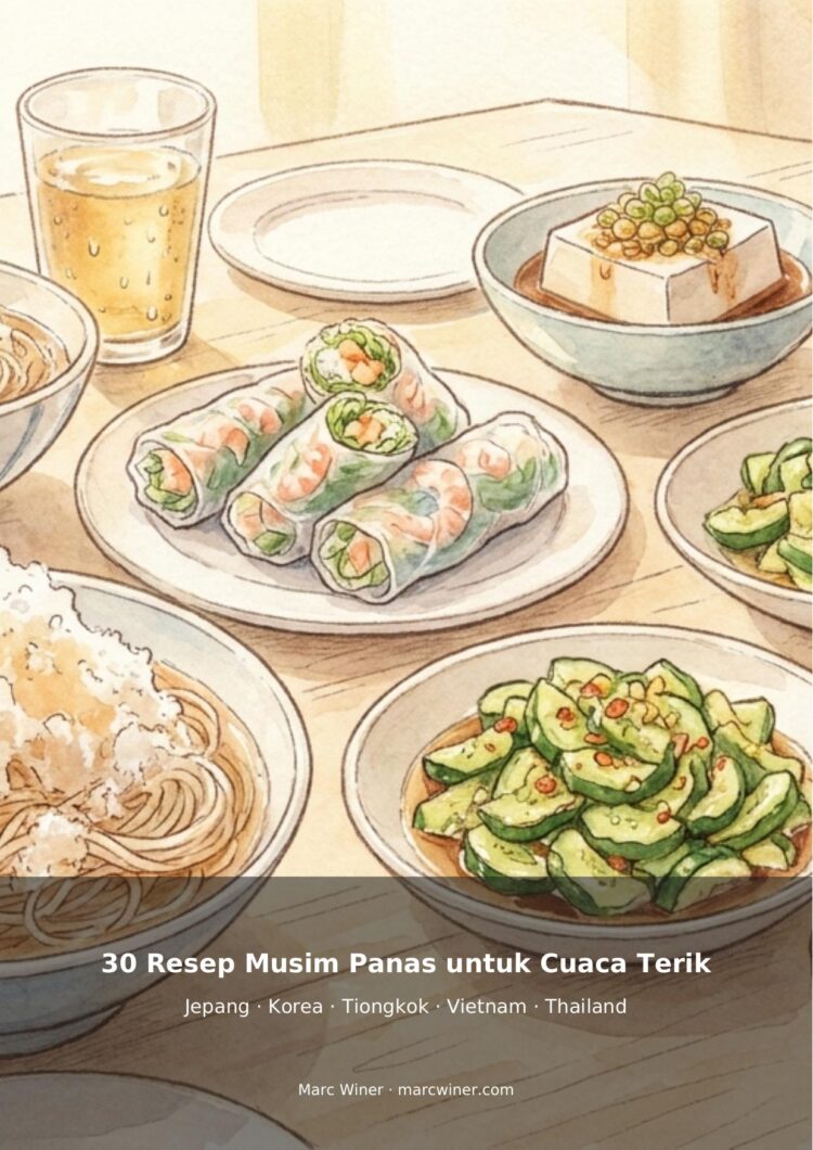 Couverture illustrée d’un livre de recettes d’été asiatiques, avec rouleaux de printemps, tofu et salades fraîches.