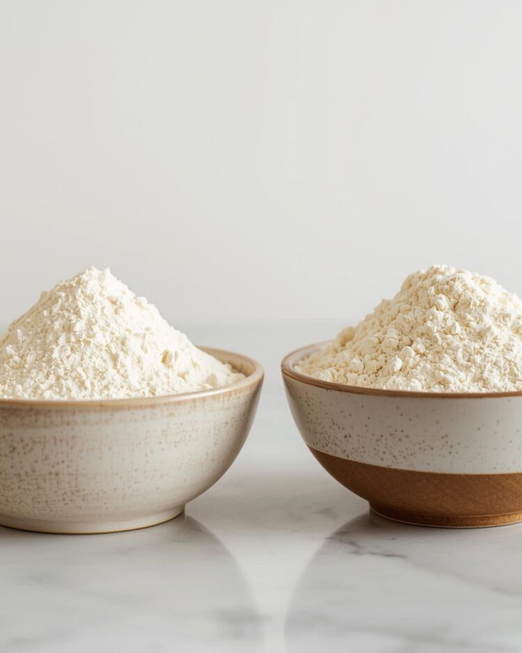 Farine d’amande à gauche, farine de coco à droite : même aspect, comportements opposés.