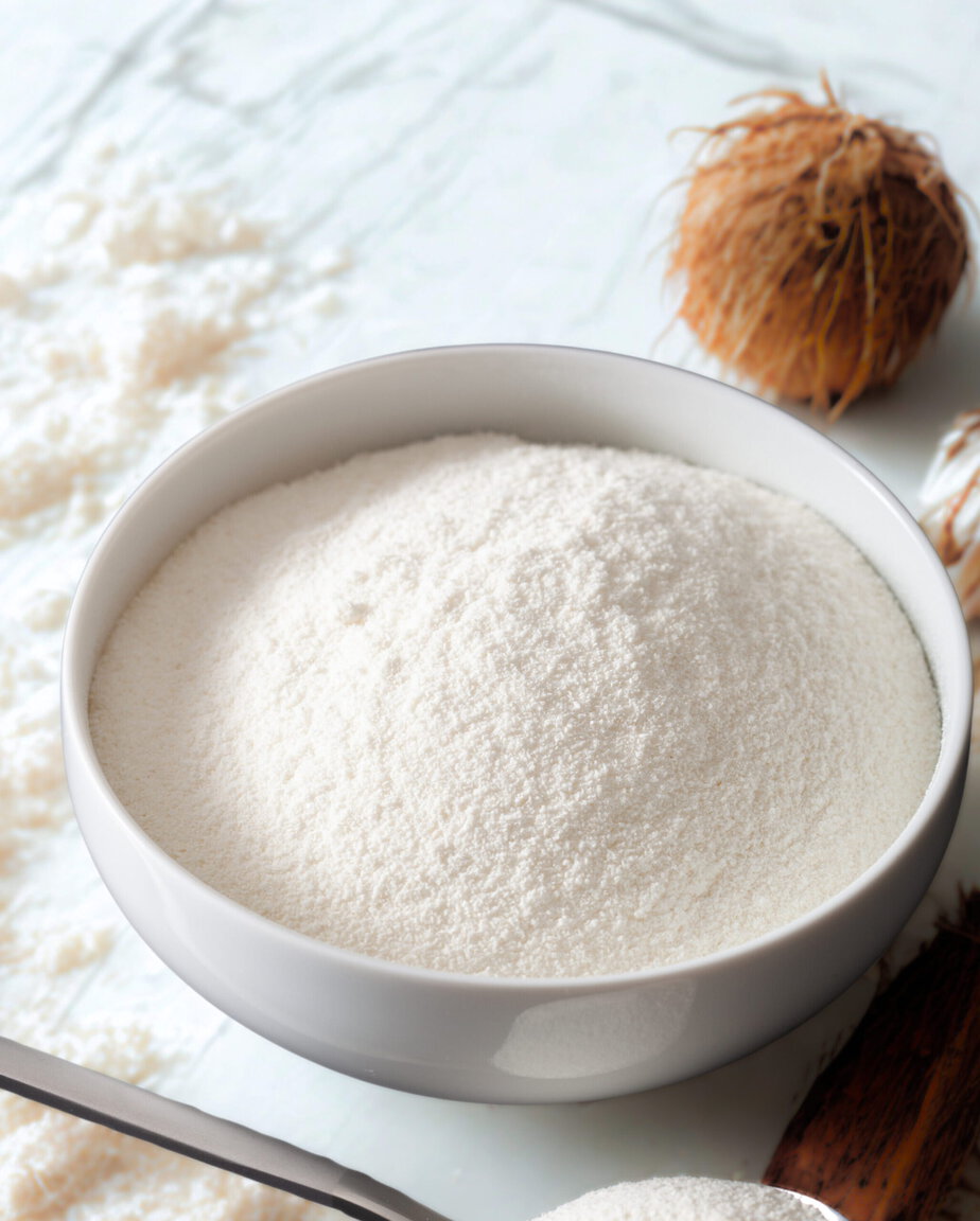 Farine de coco fine dans un bol en céramique