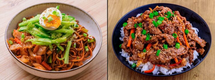 Deux bols de cuisine asiatique : nouilles aux légumes et œuf, et bœuf sauté sur riz avec légumes.