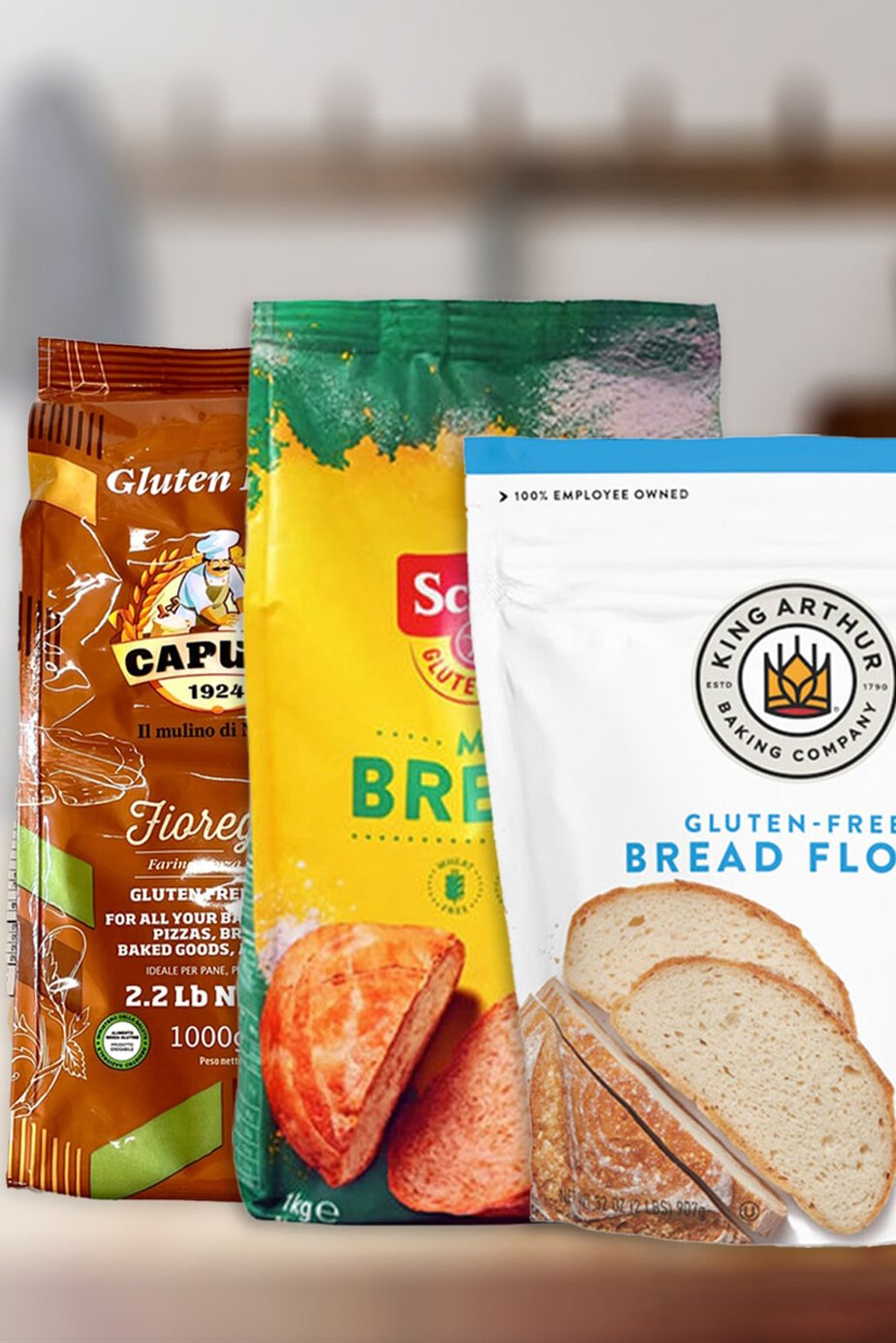 Trois paquets de mélange de farines sans gluten du commerce
