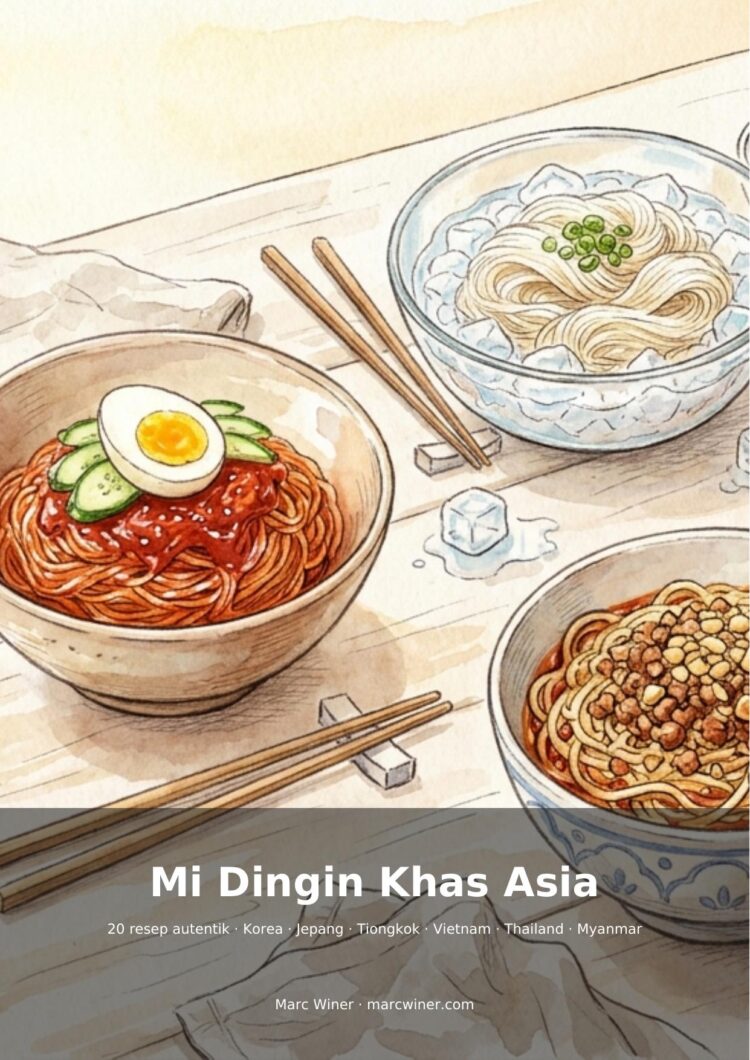 Couverture de livre illustrée présentant trois bols de nouilles froides asiatiques avec baguettes.