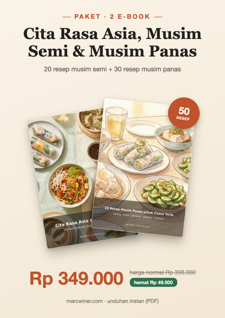 Offre 2 e-books de recettes asiatiques printemps/été, 50 recettes, prix promo Rp 349.000 en téléchargement PDF.