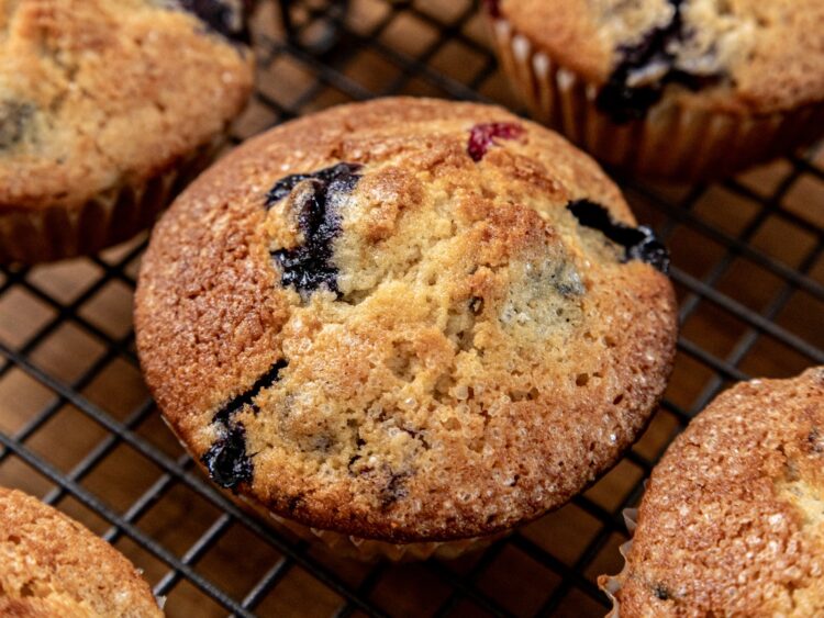 Muffins aux myrtilles américains à la croûte de sucre, sur une grille