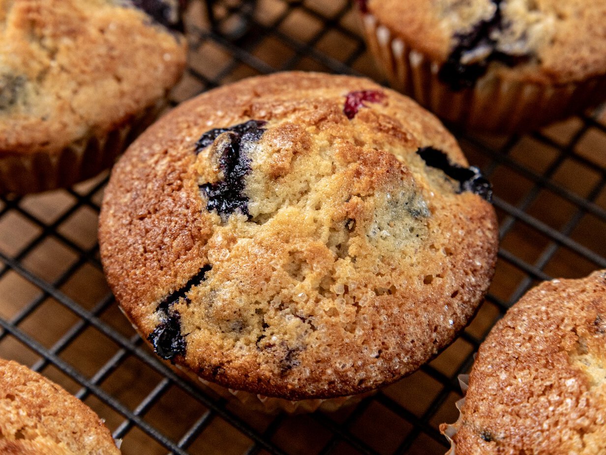 Muffins aux myrtilles américains à la croûte de sucre, sur une grille