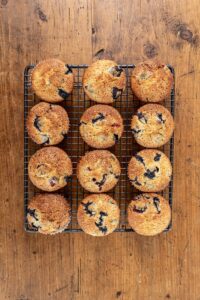 Muffins aux myrtilles refroidissant sur une grille