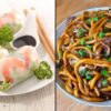 Rouleaux de printemps aux crevettes et yaki udon au bœuf