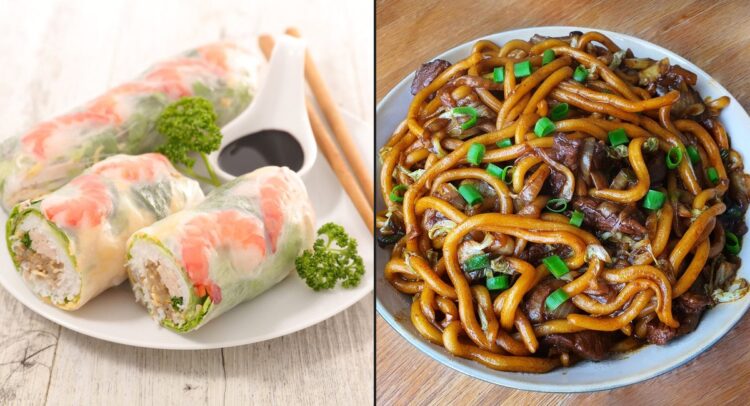 Rouleaux de printemps aux crevettes et yaki udon au bœuf