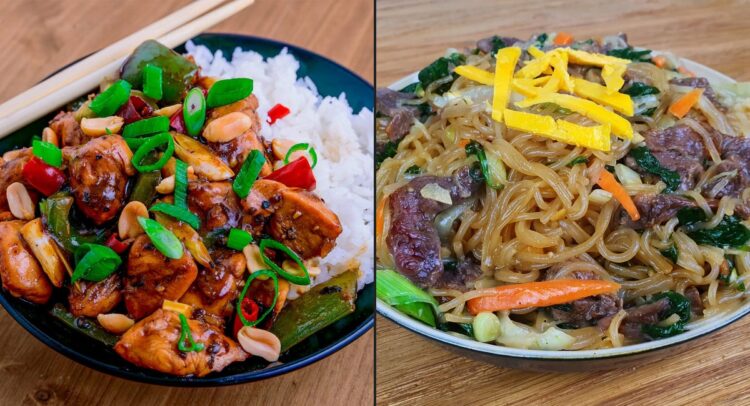 Poulet kung pao et japchae au bœuf