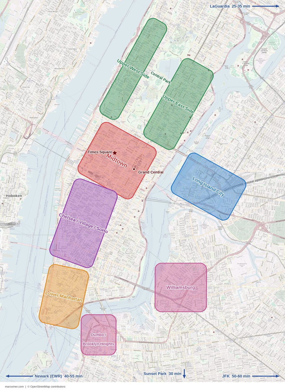 Kort over kvarterer til overnatning i New York med rejsetider til Midtown fra lufthavnene