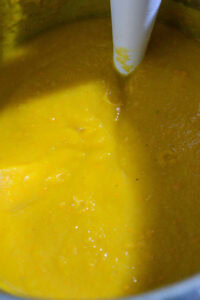 Soupe de potimarron - Mixer la soupe au mixeur plongeant ou au blender, jusqu'à ce que la peau du potimarron ait complètement disparu et que le velouté soit parfaitement lisse.