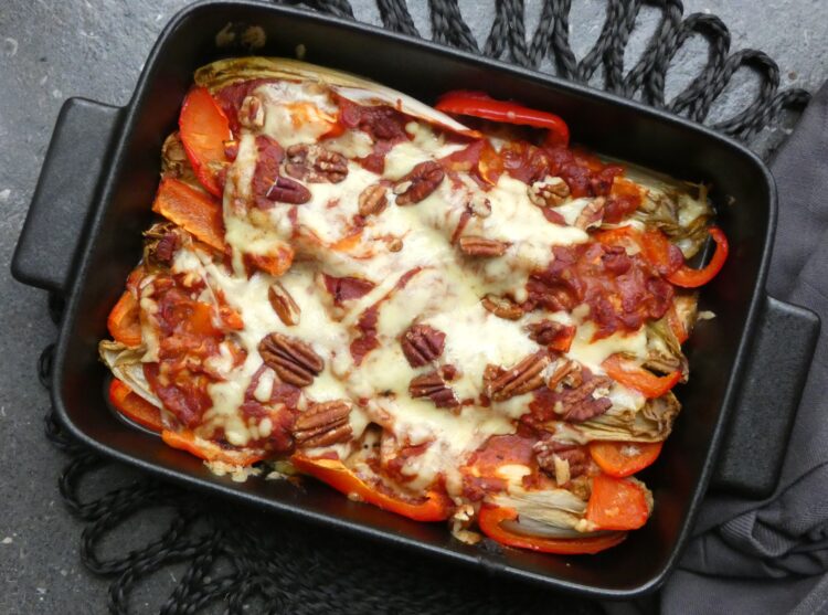 Gratin d'endives à la tomate, poivron et noix - En-tete