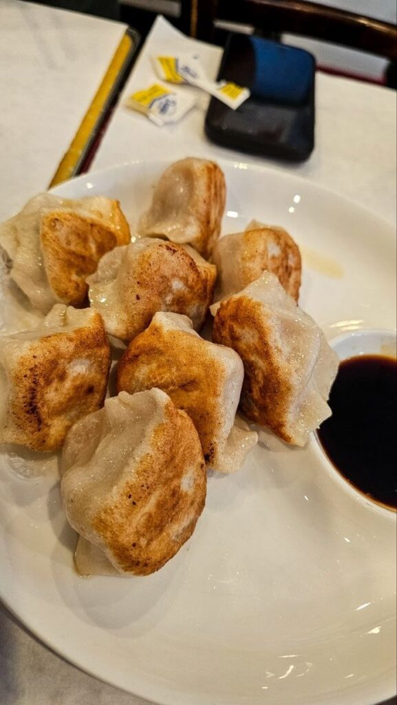 Raviolis au porc grillés à la poêle et sauce soja chez 456 New Shanghai, Chinatown, New York