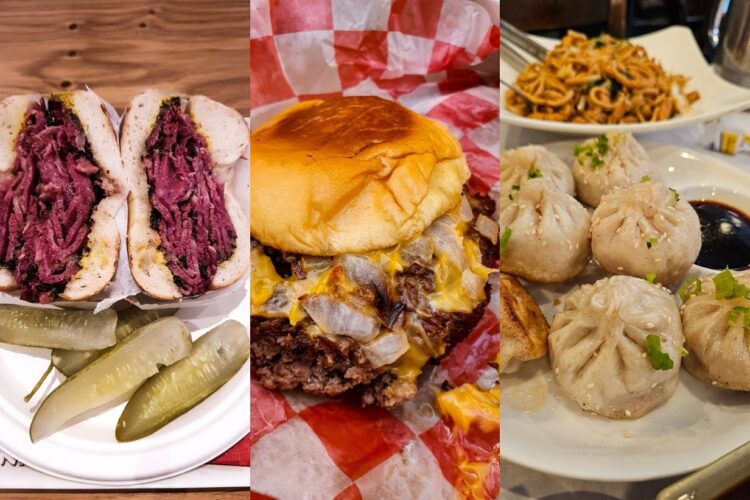 Bagel au pastrami, cheeseburger aux oignons et petits pains au porc poêlés, trois plats new-yorkais